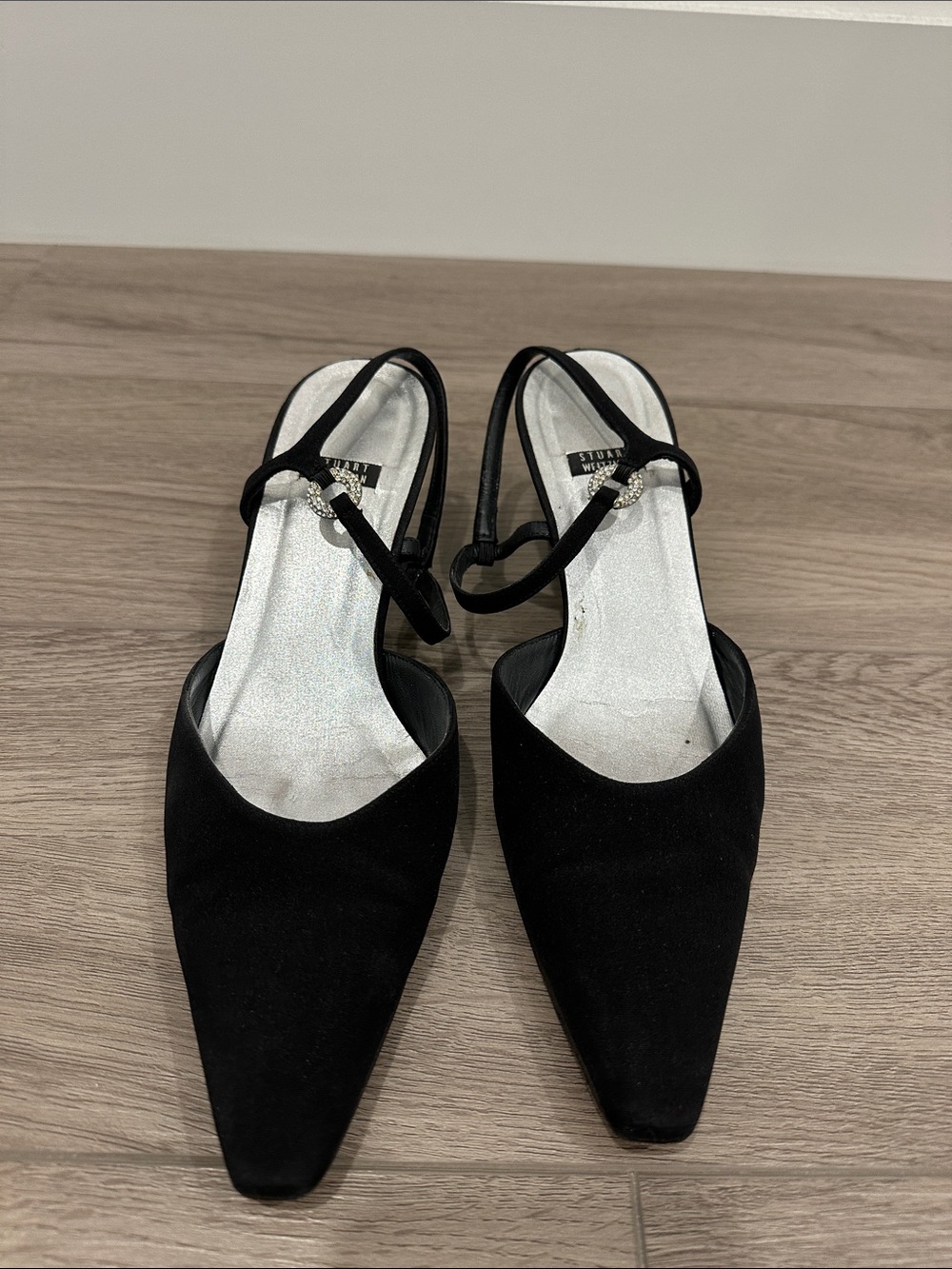 Stuart Weitzman Black Pointed Slingback Heels with Rhinestone Accent